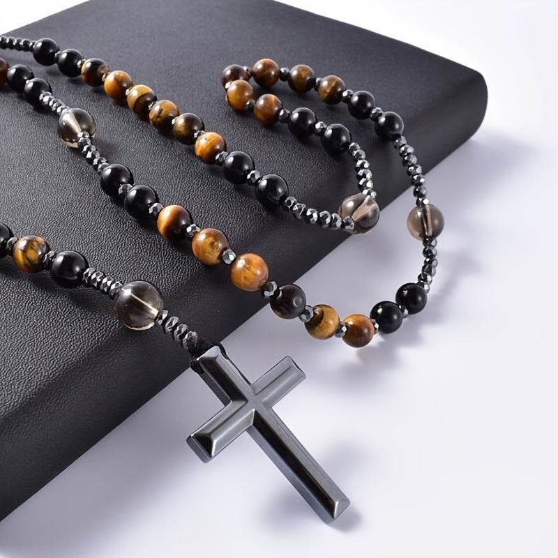 1pc Natural Tiger Eye Round Bead Long Chain Necklace with Hematite Cross Rosary Beads, Men's Jewelry for Spiritual Style - Image 4