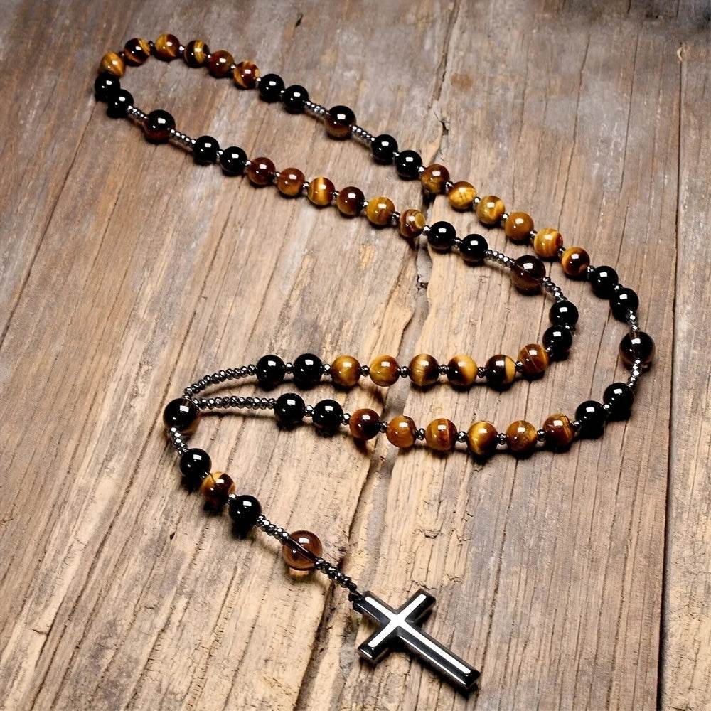 1pc Natural Tiger Eye Round Bead Long Chain Necklace with Hematite Cross Rosary Beads, Men's Jewelry for Spiritual Style - Image 6