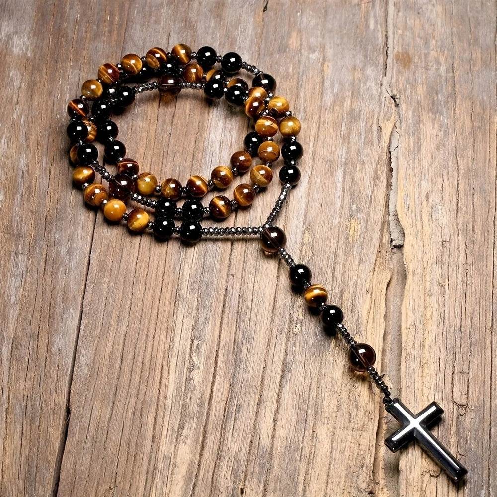 1pc Natural Tiger Eye Round Bead Long Chain Necklace with Hematite Cross Rosary Beads, Men's Jewelry for Spiritual Style - Image 7