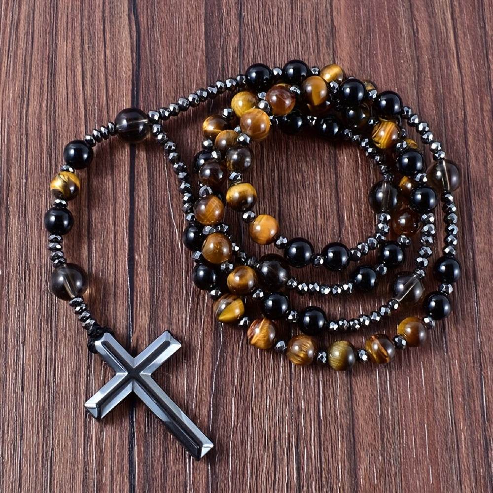 1pc Natural Tiger Eye Round Bead Long Chain Necklace with Hematite Cross Rosary Beads, Men's Jewelry for Spiritual Style - Image 8