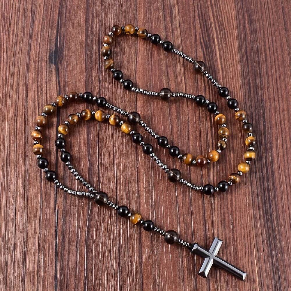 1pc Natural Tiger Eye Round Bead Long Chain Necklace with Hematite Cross Rosary Beads, Men's Jewelry for Spiritual Style - Image 9