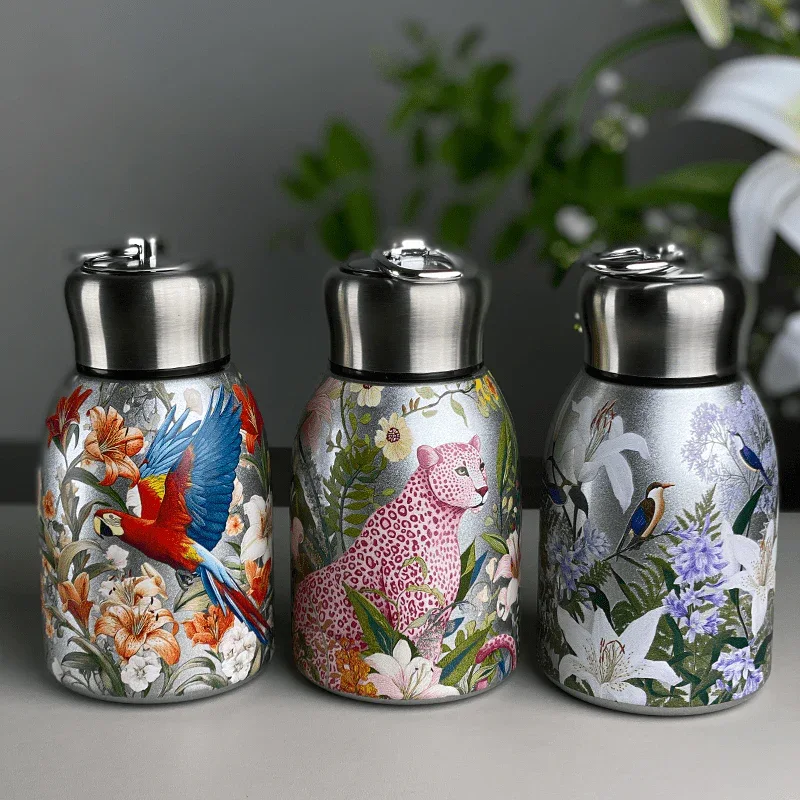 1pc Stainless Steel Vacuum Insulated Tumbler with Bird/Parrot/Leopard Pattern, 10oz Leak-Proof Travel Mug, Glossy Finish, Portable Handle, Artistic Drinkware, Perfect for Outdoor, Gym, Office, Ideal Holiday Gift for Christmas