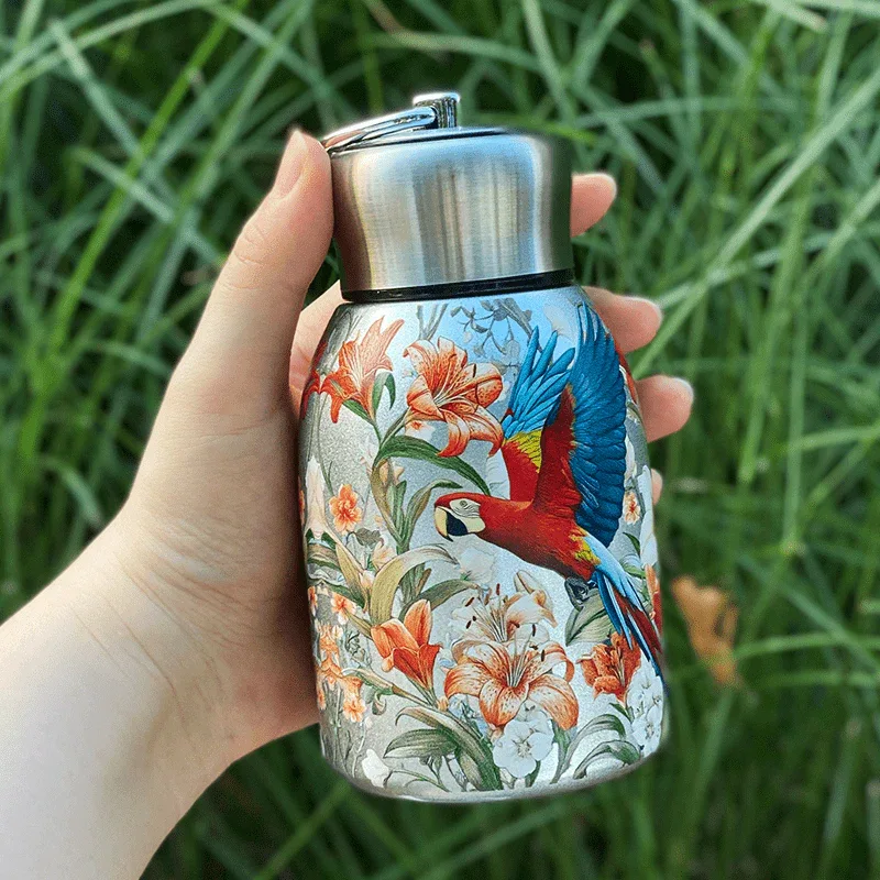 1pc Stainless Steel Vacuum Insulated Tumbler with Bird/Parrot/Leopard Pattern, 10oz Leak-Proof Travel Mug, Glossy Finish, Portable Handle, Artistic Drinkware, Perfect for Outdoor, Gym, Office, Ideal Holiday Gift for Christmas - Image 12
