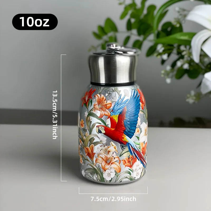 1pc Stainless Steel Vacuum Insulated Tumbler with Bird/Parrot/Leopard Pattern, 10oz Leak-Proof Travel Mug, Glossy Finish, Portable Handle, Artistic Drinkware, Perfect for Outdoor, Gym, Office, Ideal Holiday Gift for Christmas - Image 4