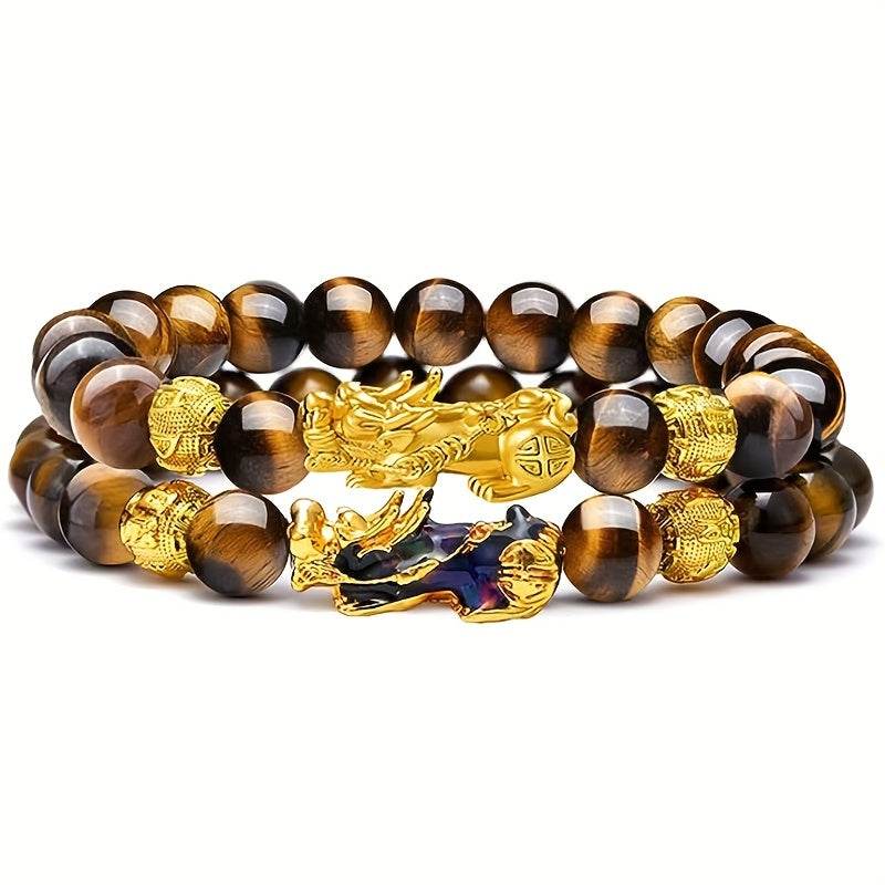 2 Pieces Natural Tiger Eye Stone Pixiu Charm Good Luck Bracelet for Men - Image 10