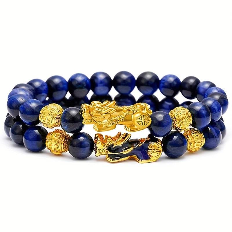 2 Pieces Natural Tiger Eye Stone Pixiu Charm Good Luck Bracelet for Men - Image 13
