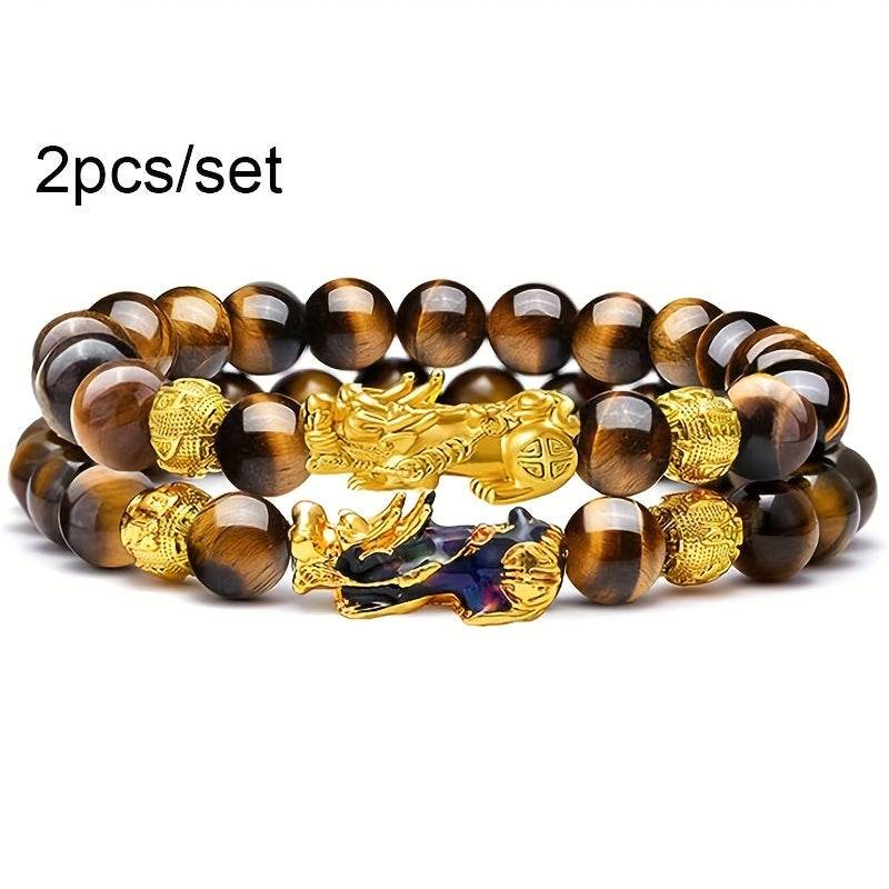 2 Pieces Natural Tiger Eye Stone Pixiu Charm Good Luck Bracelet for Men - Image 18