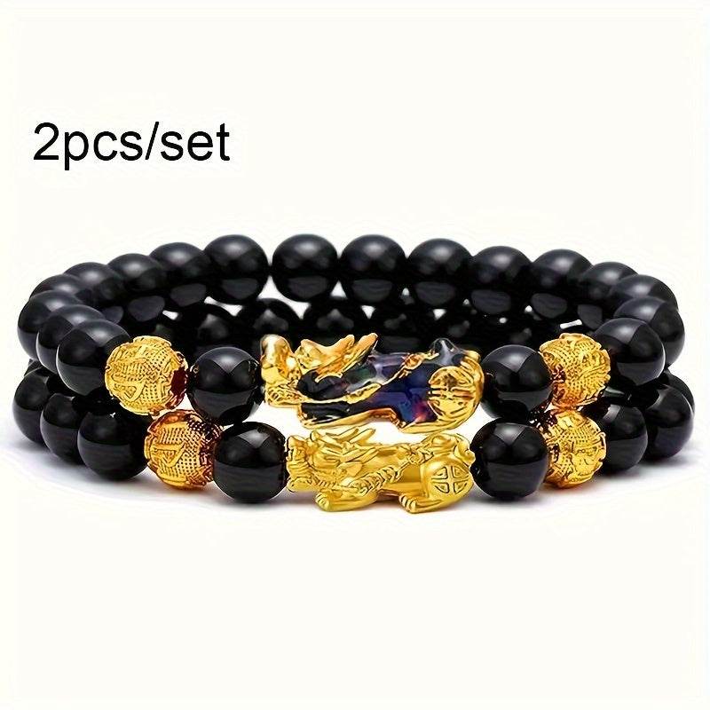 2 Pieces Natural Tiger Eye Stone Pixiu Charm Good Luck Bracelet for Men - Image 7