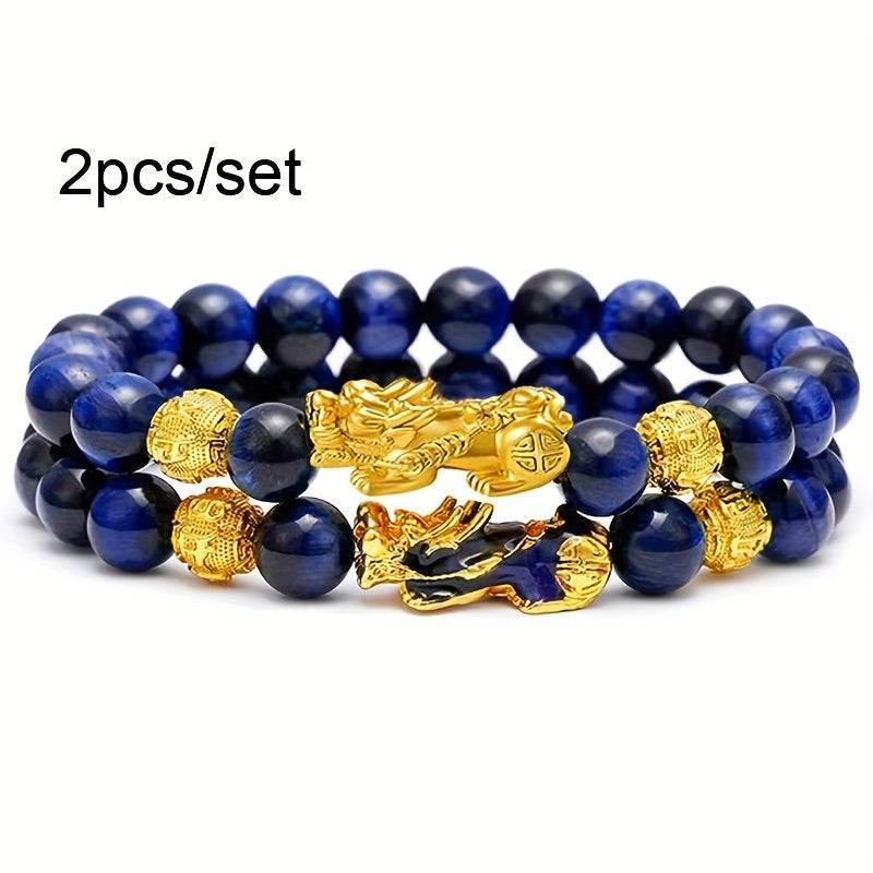 2 Pieces Natural Tiger Eye Stone Pixiu Charm Good Luck Bracelet for Men - Image 8
