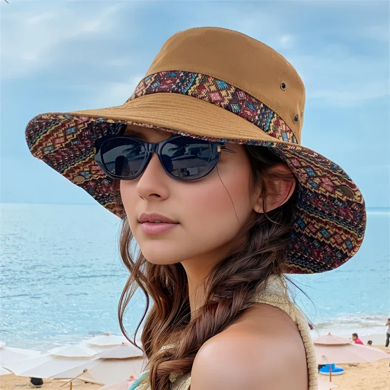 2-Way Adjustable Women's Bohemian Embroidered Sun Hat - Wide Brim Windproof Fisherman Hat with Vibrant Geometric Patterns, All-Season Outdoor Travel & Hiking Accessory for Beach, Mountaineering, Tourism, Fishing Hat, Mountain