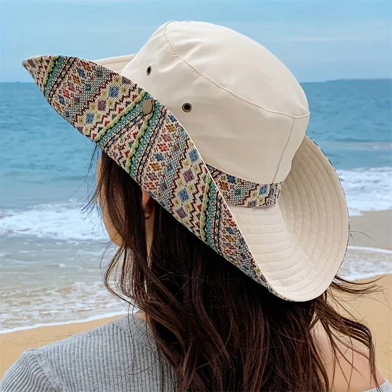 2-Way Adjustable Women's Bohemian Embroidered Sun Hat - Wide Brim Windproof Fisherman Hat with Vibrant Geometric Patterns, All-Season Outdoor Travel & Hiking Accessory for Beach, Mountaineering, Tourism, Fishing Hat, Mountain - Image 10
