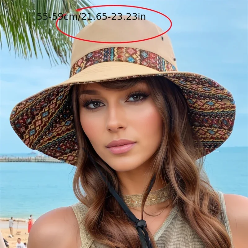 2-Way Adjustable Women's Bohemian Embroidered Sun Hat - Wide Brim Windproof Fisherman Hat with Vibrant Geometric Patterns, All-Season Outdoor Travel & Hiking Accessory for Beach, Mountaineering, Tourism, Fishing Hat, Mountain - Image 2