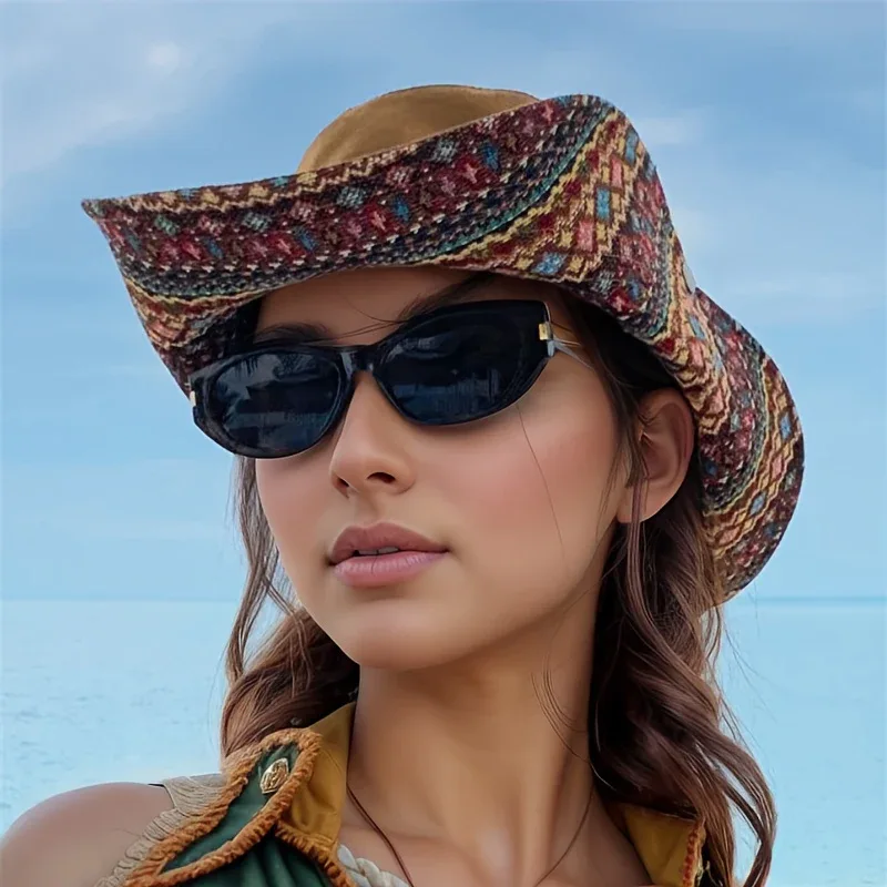 2-Way Adjustable Women's Bohemian Embroidered Sun Hat - Wide Brim Windproof Fisherman Hat with Vibrant Geometric Patterns, All-Season Outdoor Travel & Hiking Accessory for Beach, Mountaineering, Tourism, Fishing Hat, Mountain - Image 4