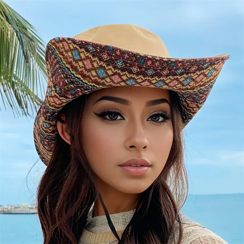 2-Way Adjustable Women's Bohemian Embroidered Sun Hat - Wide Brim Windproof Fisherman Hat with Vibrant Geometric Patterns, All-Season Outdoor Travel & Hiking Accessory for Beach, Mountaineering, Tourism, Fishing Hat, Mountain - Image 5