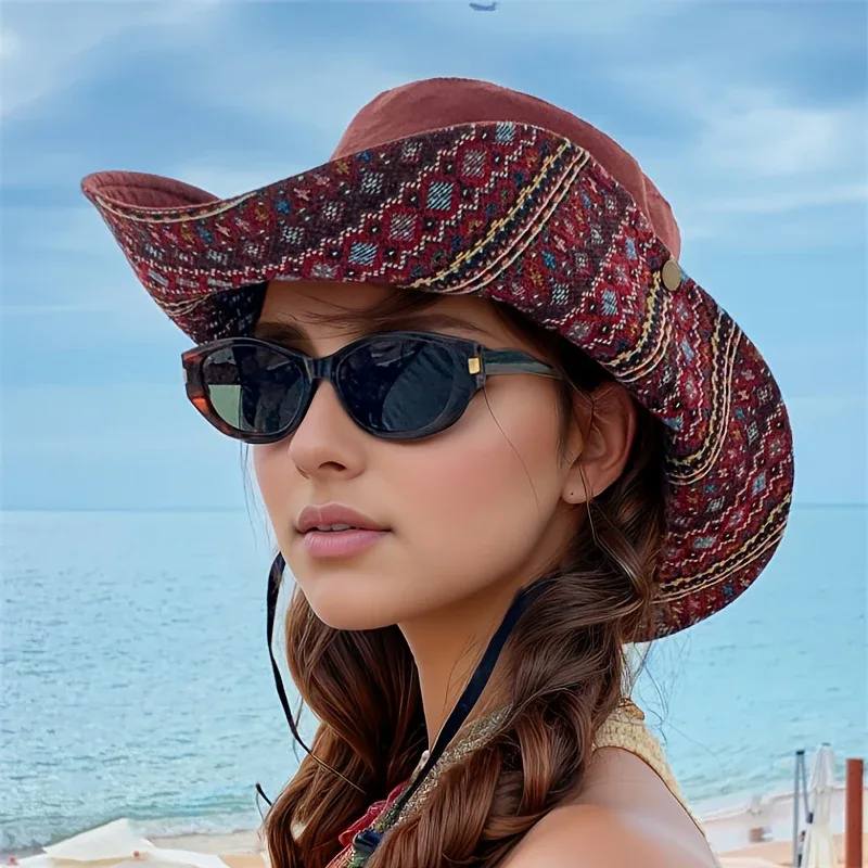 2-Way Adjustable Women's Bohemian Embroidered Sun Hat - Wide Brim Windproof Fisherman Hat with Vibrant Geometric Patterns, All-Season Outdoor Travel & Hiking Accessory for Beach, Mountaineering, Tourism, Fishing Hat, Mountain - Image 6