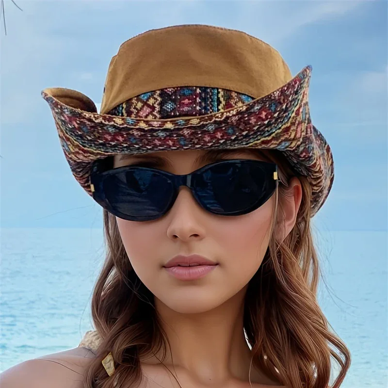 2-Way Adjustable Women's Bohemian Embroidered Sun Hat - Wide Brim Windproof Fisherman Hat with Vibrant Geometric Patterns, All-Season Outdoor Travel & Hiking Accessory for Beach, Mountaineering, Tourism, Fishing Hat, Mountain - Image 8