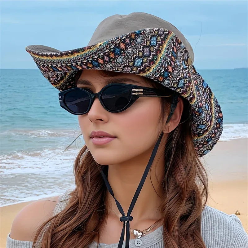 2-Way Adjustable Women's Bohemian Embroidered Sun Hat - Wide Brim Windproof Fisherman Hat with Vibrant Geometric Patterns, All-Season Outdoor Travel & Hiking Accessory for Beach, Mountaineering, Tourism, Fishing Hat, Mountain - Image 9