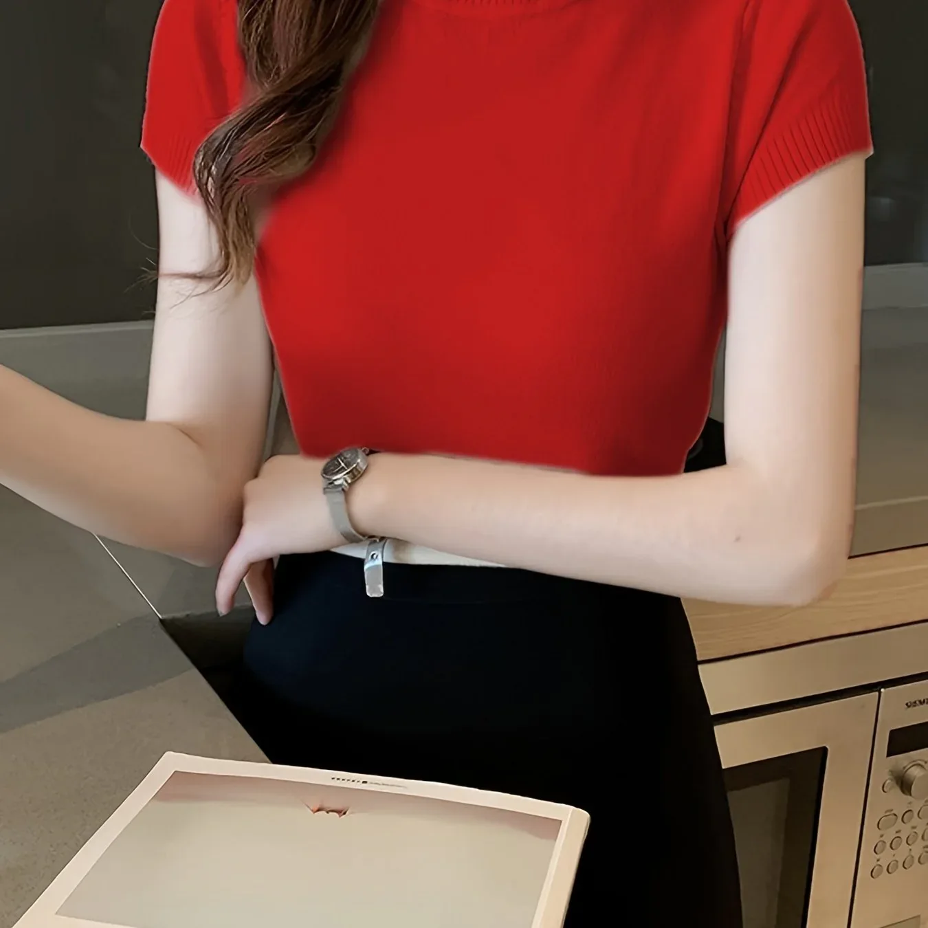 Fitted Short Sleeve Knit Top - Image 23