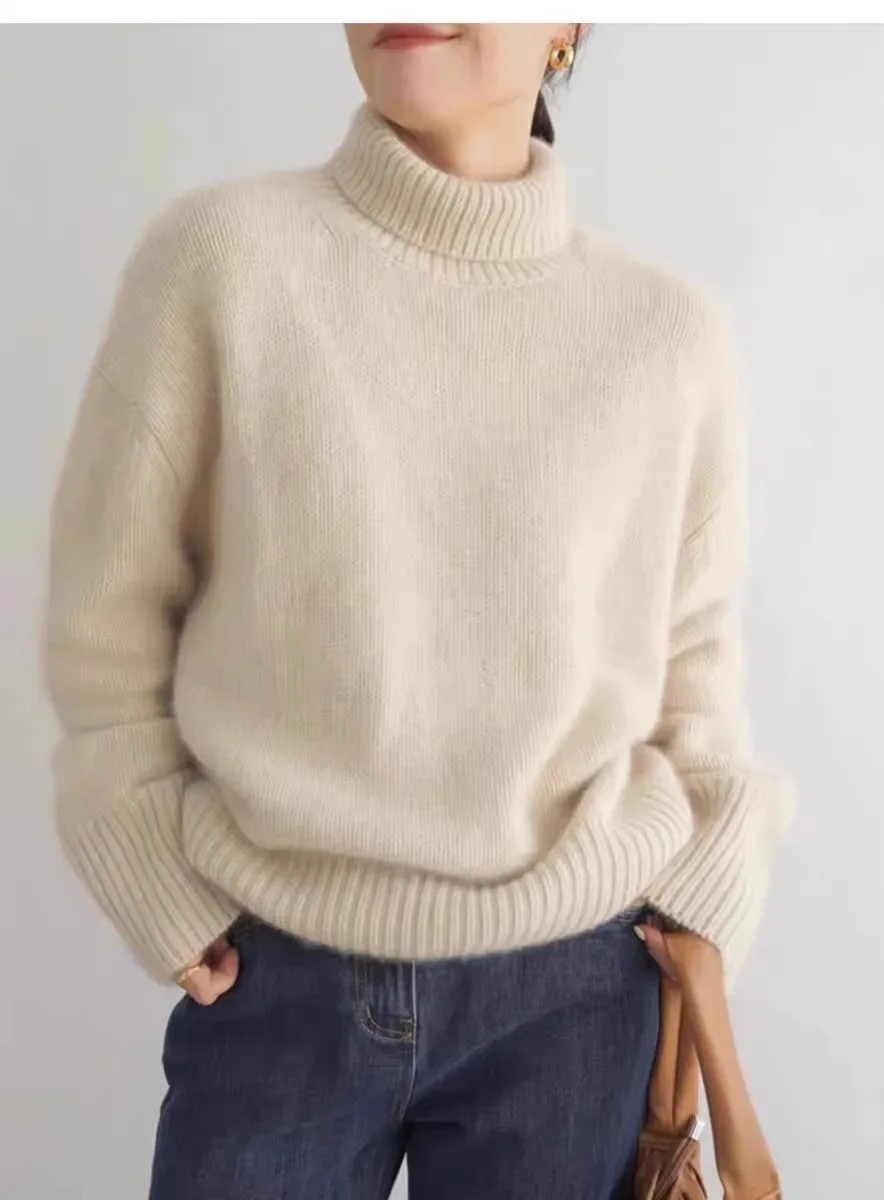 2024 Autumn and Winter New Thick Cashmere Sweater Women High Neck Pullover Sweater Warm Loose Knitted Base Sweater Jacket Tops - Image 9