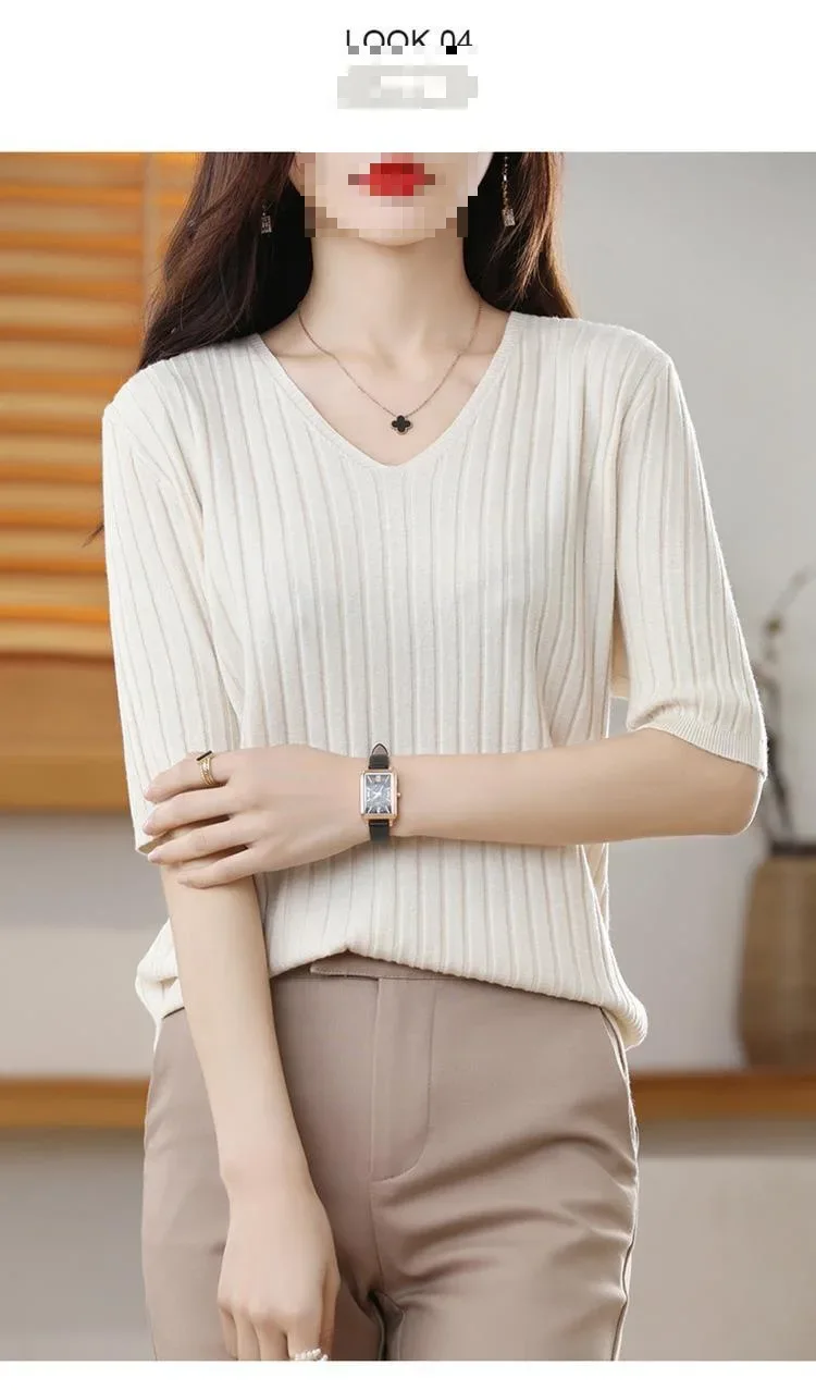 2025 New Spring Summer New Women's V-neck Short-Sleeved Exquisite Cashmere Knitted Sweater Pullover Solid Color - Image 10