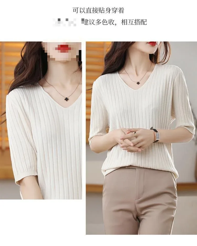 2025 New Spring Summer New Women's V-neck Short-Sleeved Exquisite Cashmere Knitted Sweater Pullover Solid Color - Image 11