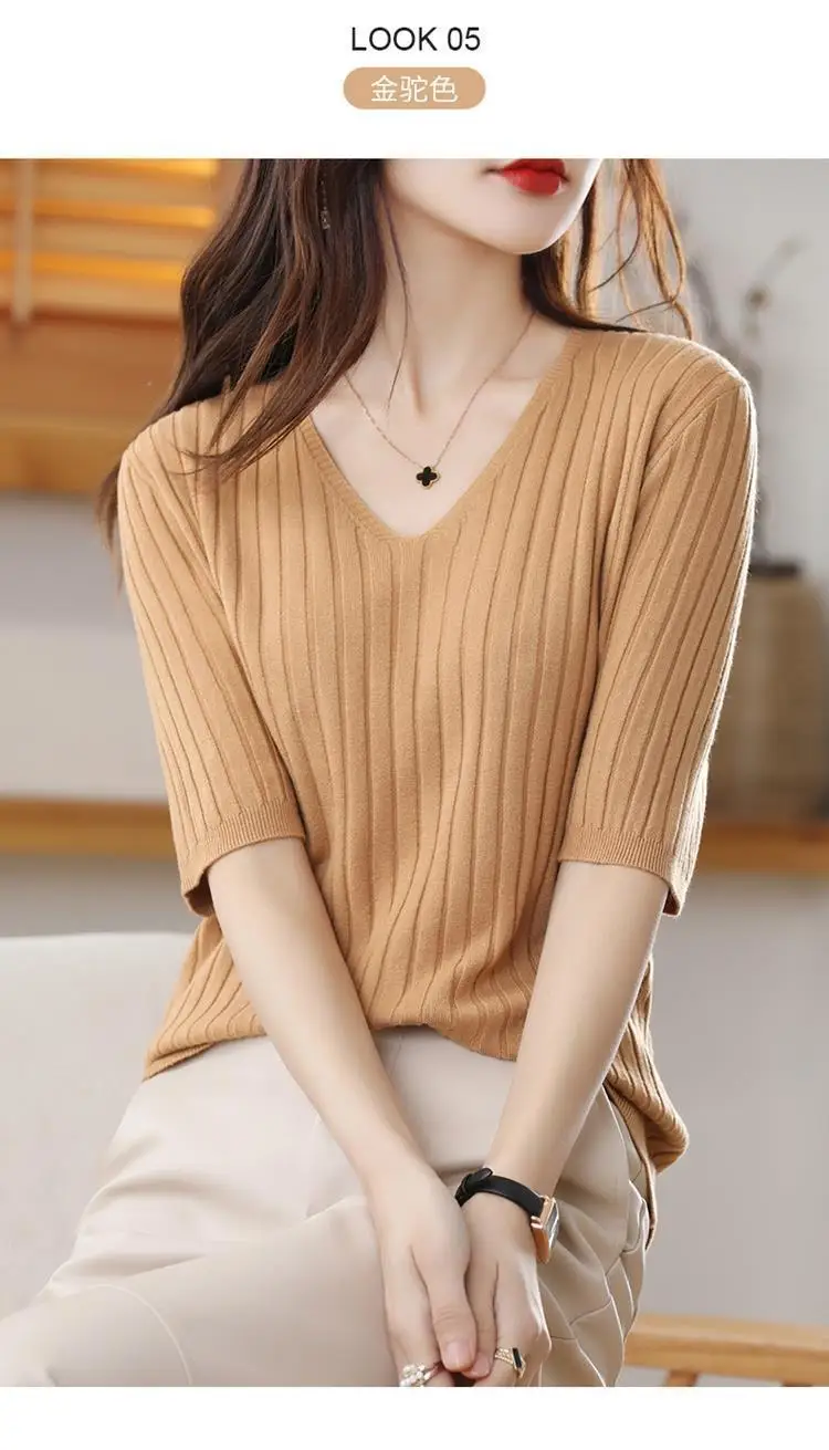2025 New Spring Summer New Women's V-neck Short-Sleeved Exquisite Cashmere Knitted Sweater Pullover Solid Color - Image 12