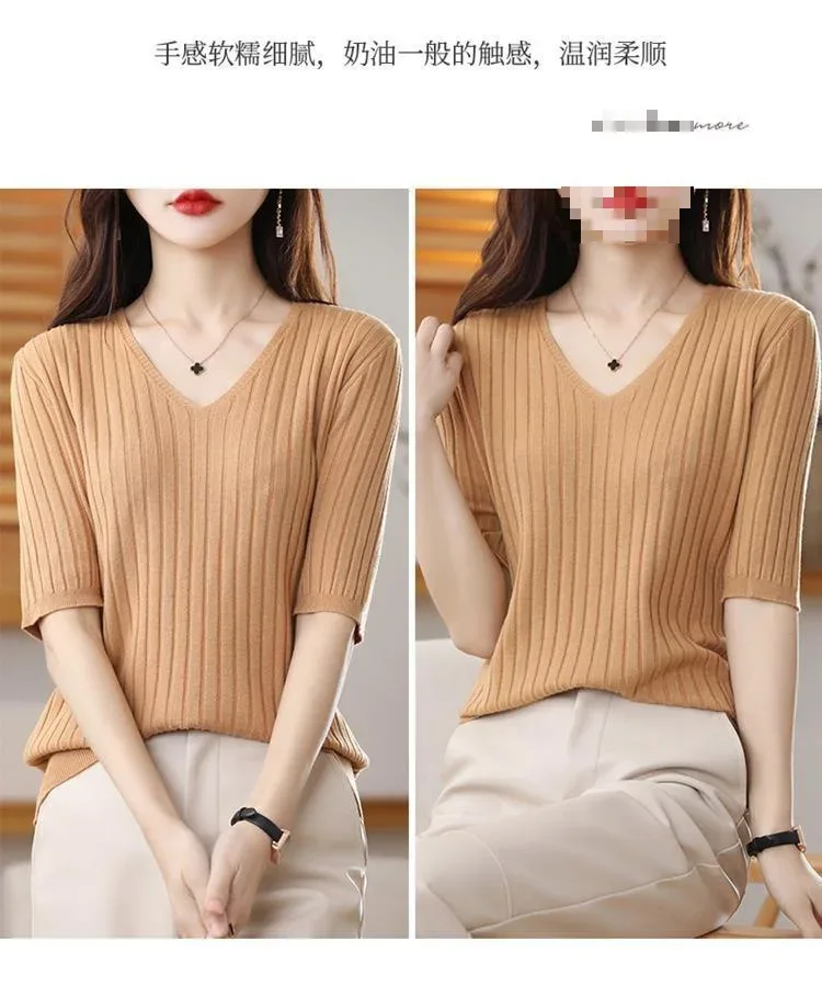 2025 New Spring Summer New Women's V-neck Short-Sleeved Exquisite Cashmere Knitted Sweater Pullover Solid Color - Image 13