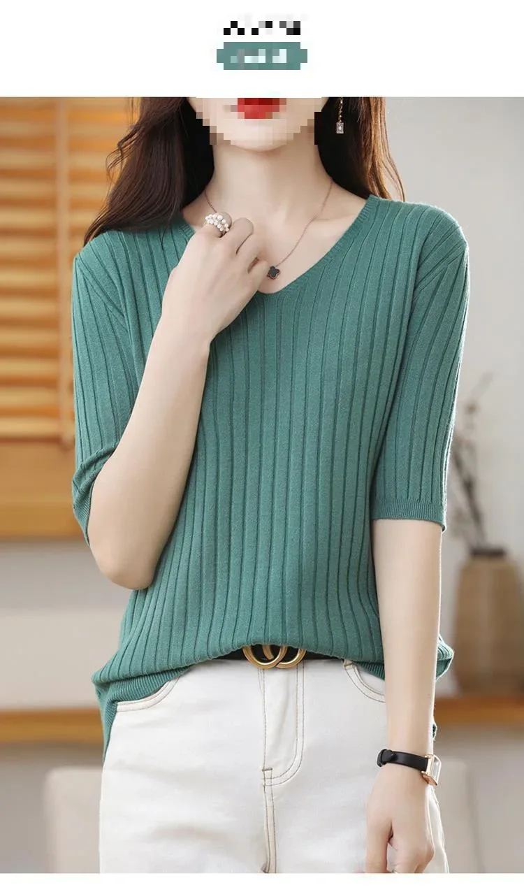2025 New Spring Summer New Women's V-neck Short-Sleeved Exquisite Cashmere Knitted Sweater Pullover Solid Color - Image 14