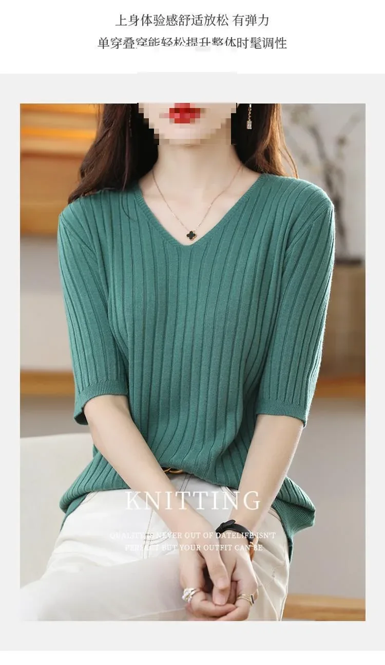2025 New Spring Summer New Women's V-neck Short-Sleeved Exquisite Cashmere Knitted Sweater Pullover Solid Color - Image 15