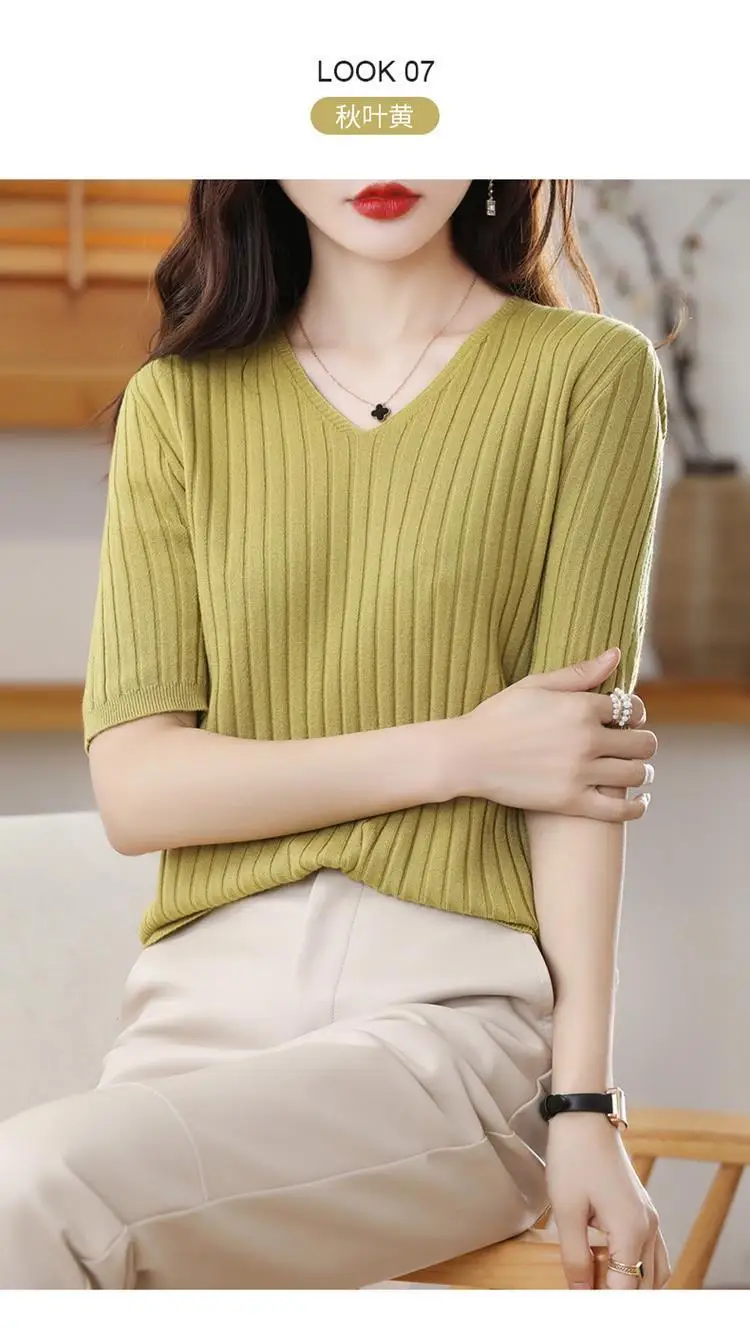 2025 New Spring Summer New Women's V-neck Short-Sleeved Exquisite Cashmere Knitted Sweater Pullover Solid Color - Image 16