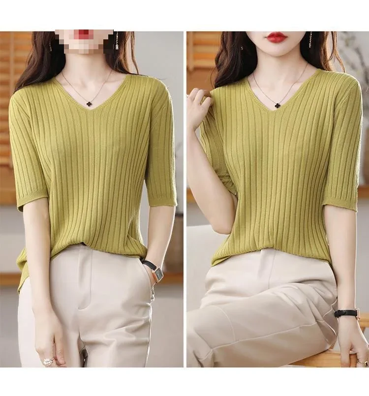 2025 New Spring Summer New Women's V-neck Short-Sleeved Exquisite Cashmere Knitted Sweater Pullover Solid Color - Image 17