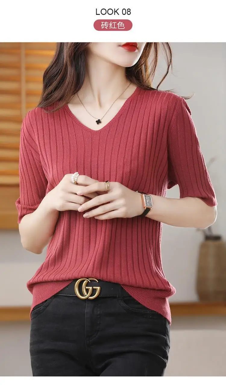 2025 New Spring Summer New Women's V-neck Short-Sleeved Exquisite Cashmere Knitted Sweater Pullover Solid Color - Image 18
