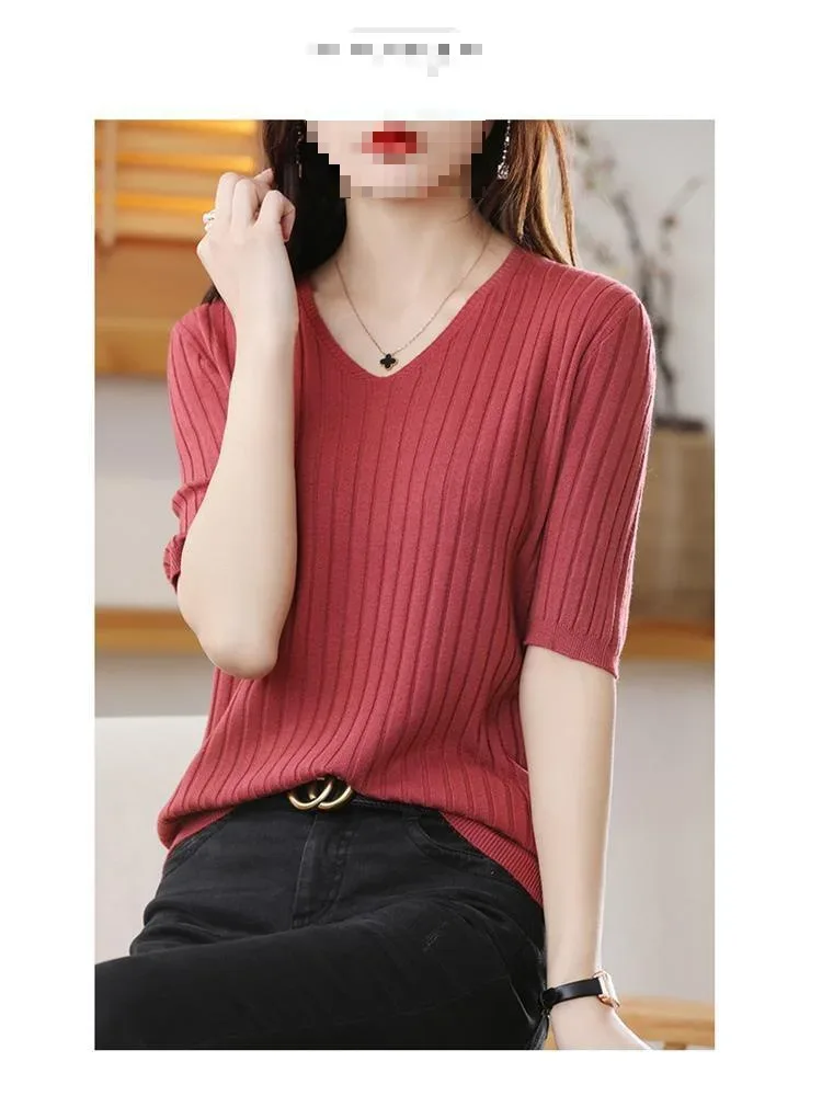 2025 New Spring Summer New Women's V-neck Short-Sleeved Exquisite Cashmere Knitted Sweater Pullover Solid Color - Image 19