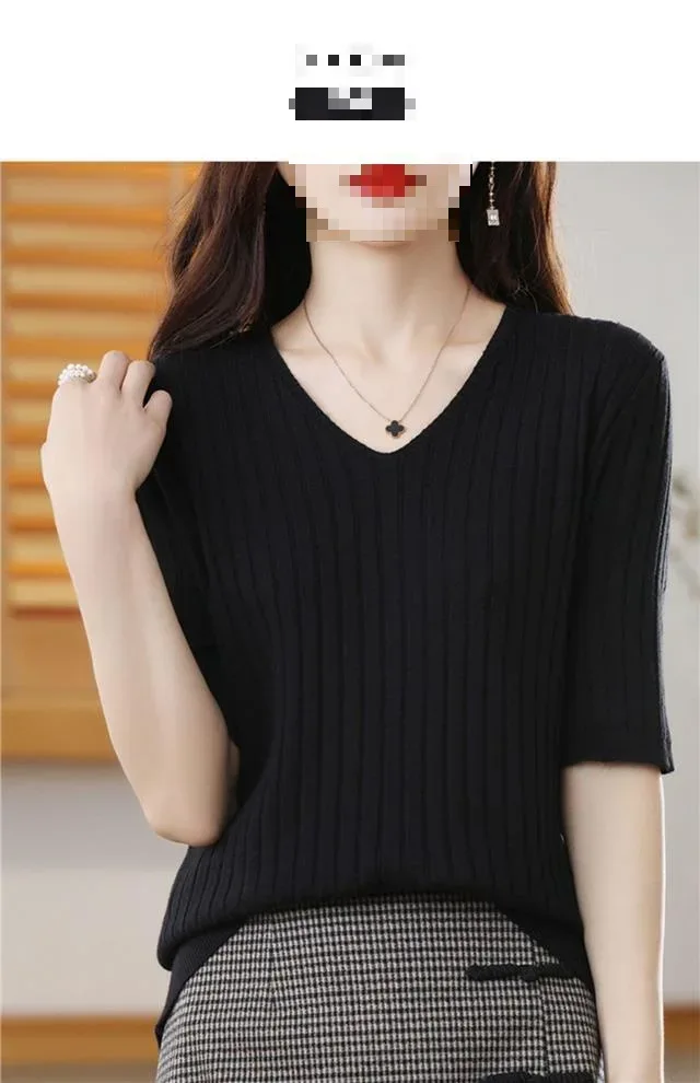 2025 New Spring Summer New Women's V-neck Short-Sleeved Exquisite Cashmere Knitted Sweater Pullover Solid Color - Image 20