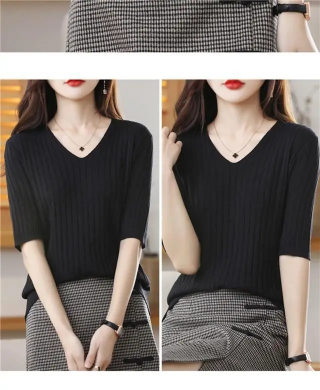 2025 New Spring Summer New Women's V-neck Short-Sleeved Exquisite Cashmere Knitted Sweater Pullover Solid Color - Image 21