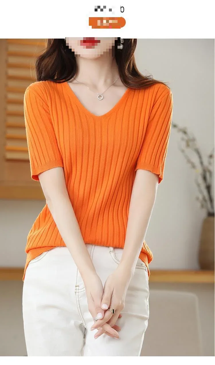 2025 New Spring Summer New Women's V-neck Short-Sleeved Exquisite Cashmere Knitted Sweater Pullover Solid Color - Image 22