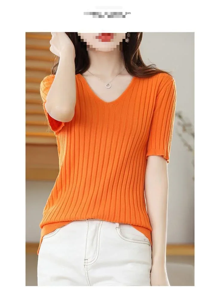 2025 New Spring Summer New Women's V-neck Short-Sleeved Exquisite Cashmere Knitted Sweater Pullover Solid Color - Image 23