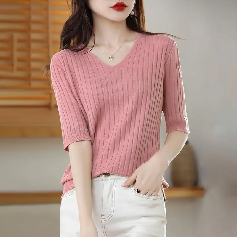 2025 New Spring Summer New Women's V-neck Short-Sleeved Exquisite Cashmere Knitted Sweater Pullover Solid Color - Image 25