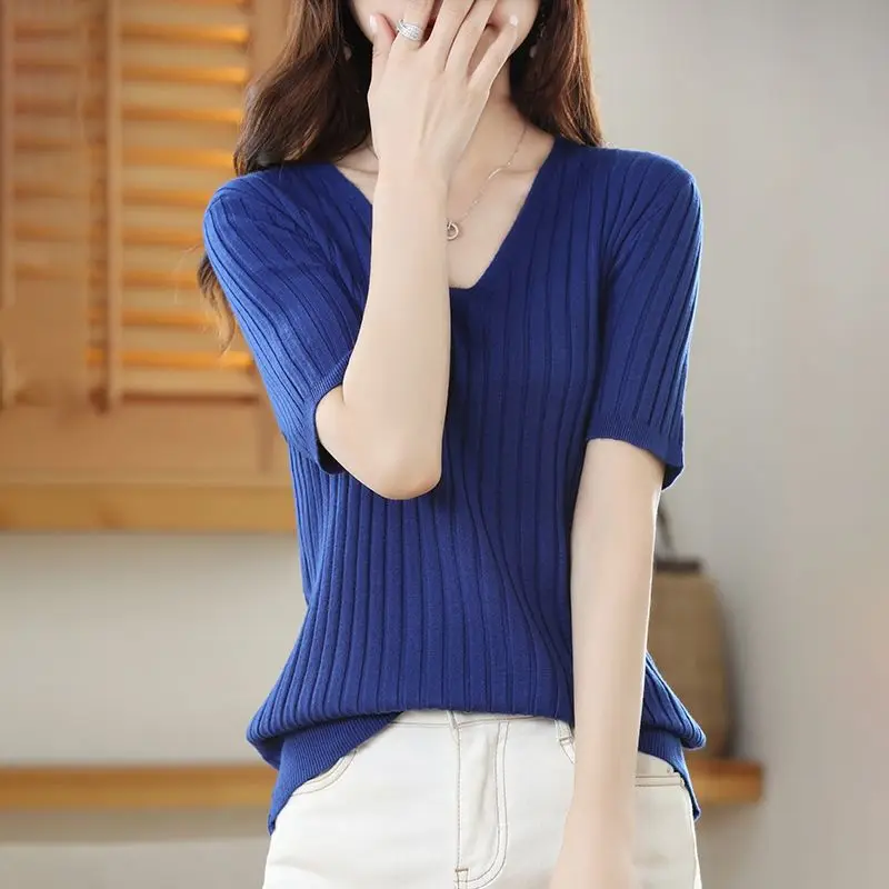 2025 New Spring Summer New Women's V-neck Short-Sleeved Exquisite Cashmere Knitted Sweater Pullover Solid Color - Image 26