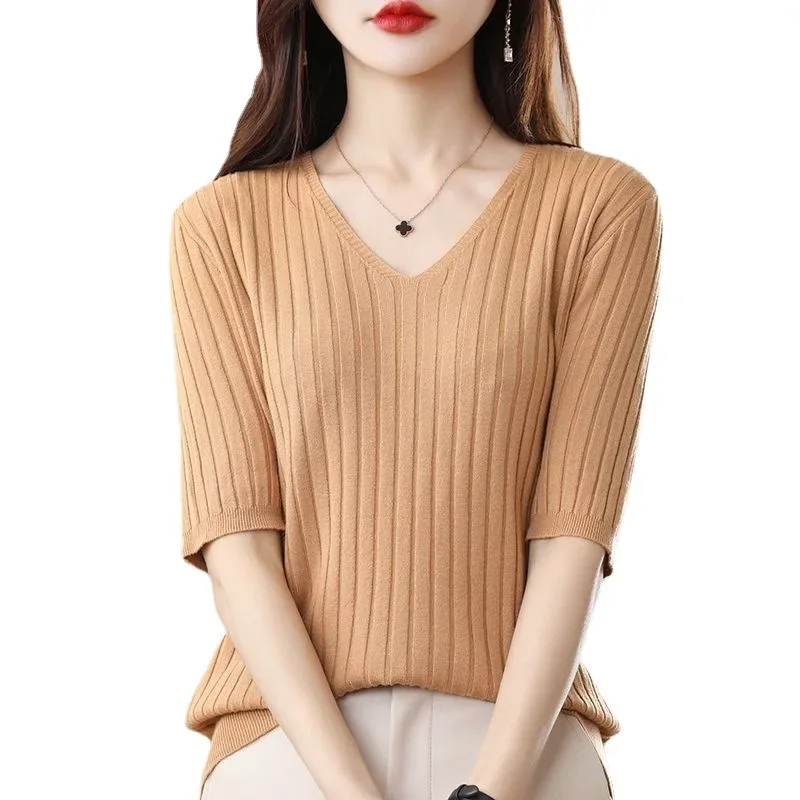 2025 New Spring Summer New Women's V-neck Short-Sleeved Exquisite Cashmere Knitted Sweater Pullover Solid Color - Image 27