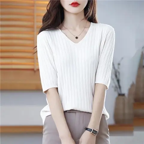 2025 New Spring Summer New Women's V-neck Short-Sleeved Exquisite Cashmere Knitted Sweater Pullover Solid Color - Image 28