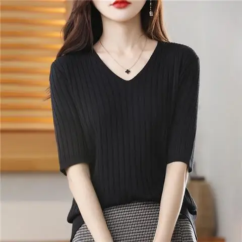 2025 New Spring Summer New Women's V-neck Short-Sleeved Exquisite Cashmere Knitted Sweater Pullover Solid Color - Image 29