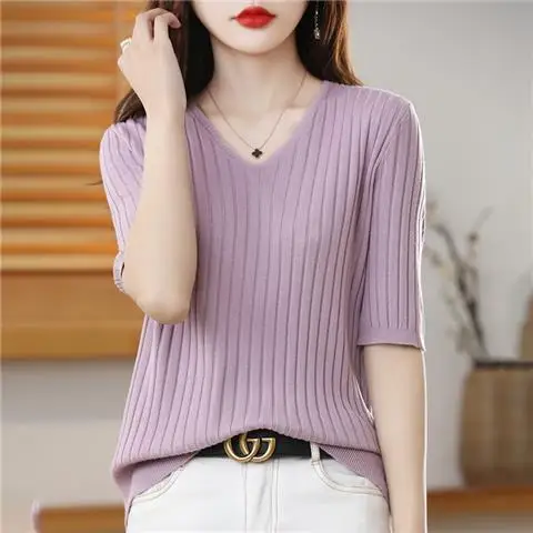 2025 New Spring Summer New Women's V-neck Short-Sleeved Exquisite Cashmere Knitted Sweater Pullover Solid Color - Image 31