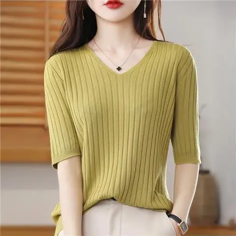 2025 New Spring Summer New Women's V-neck Short-Sleeved Exquisite Cashmere Knitted Sweater Pullover Solid Color - Image 32