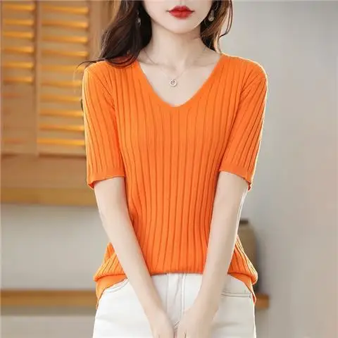 2025 New Spring Summer New Women's V-neck Short-Sleeved Exquisite Cashmere Knitted Sweater Pullover Solid Color - Image 34