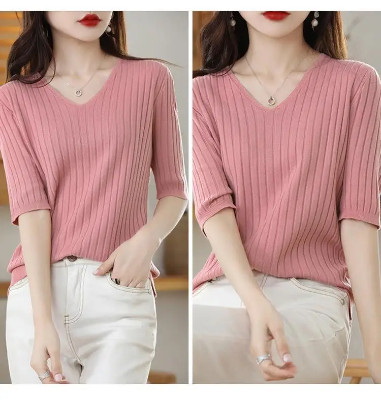 2025 New Spring Summer New Women's V-neck Short-Sleeved Exquisite Cashmere Knitted Sweater Pullover Solid Color - Image 5