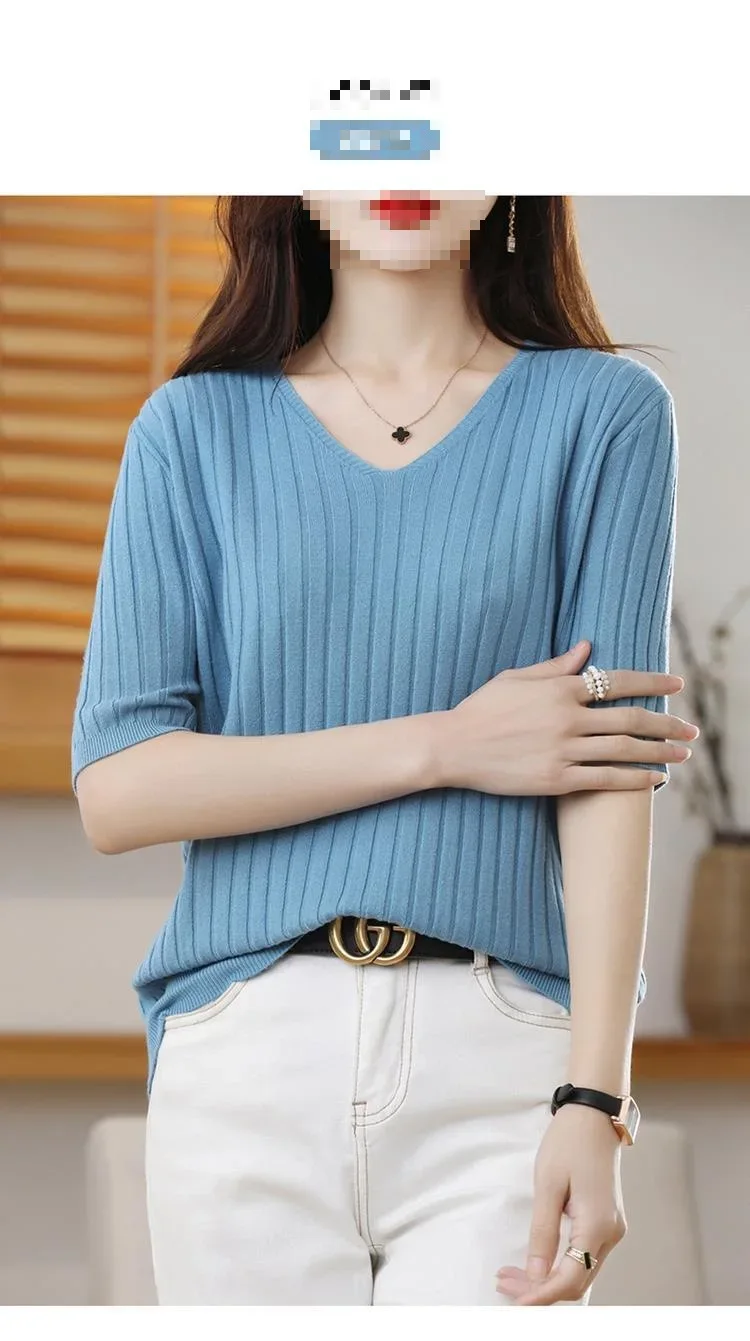 2025 New Spring Summer New Women's V-neck Short-Sleeved Exquisite Cashmere Knitted Sweater Pullover Solid Color - Image 6