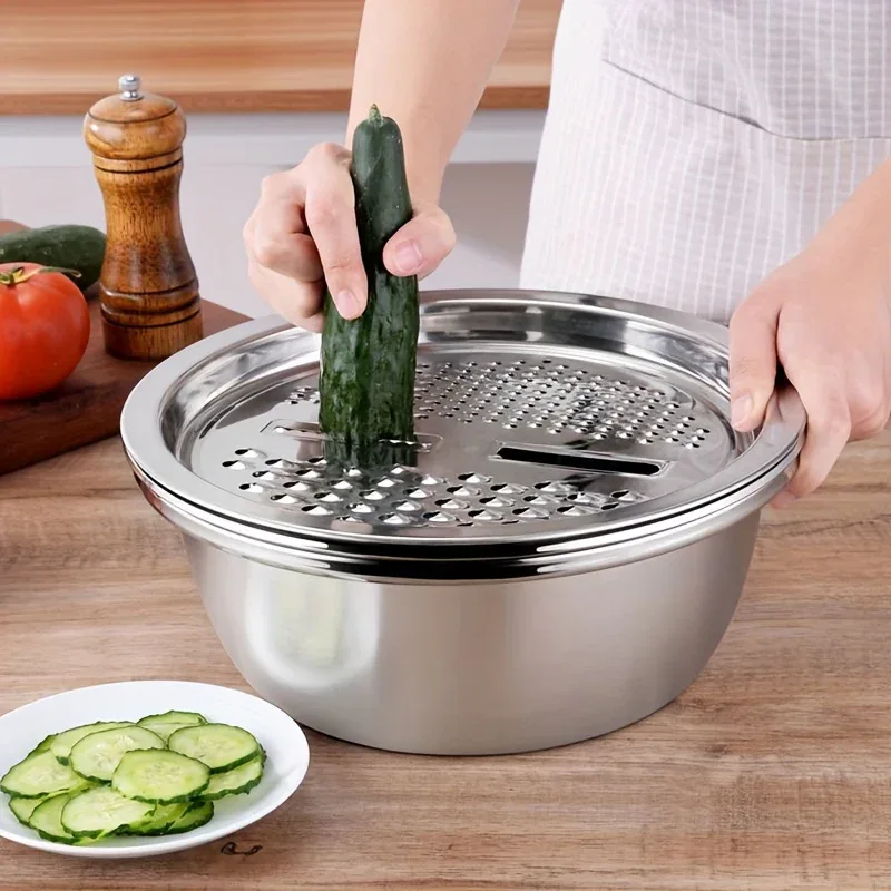 Montero Milan 3pcs HEROBABY Stainless Steel Kitchen Prep Set with Integrated Grinder, Multifunctional Filter & Mixing Bowl - Heavy-Duty 201 Grade Dishwasher- Drainage System for Slicing, Chopping Fruits, Vegetables, Cheese (All-in-One