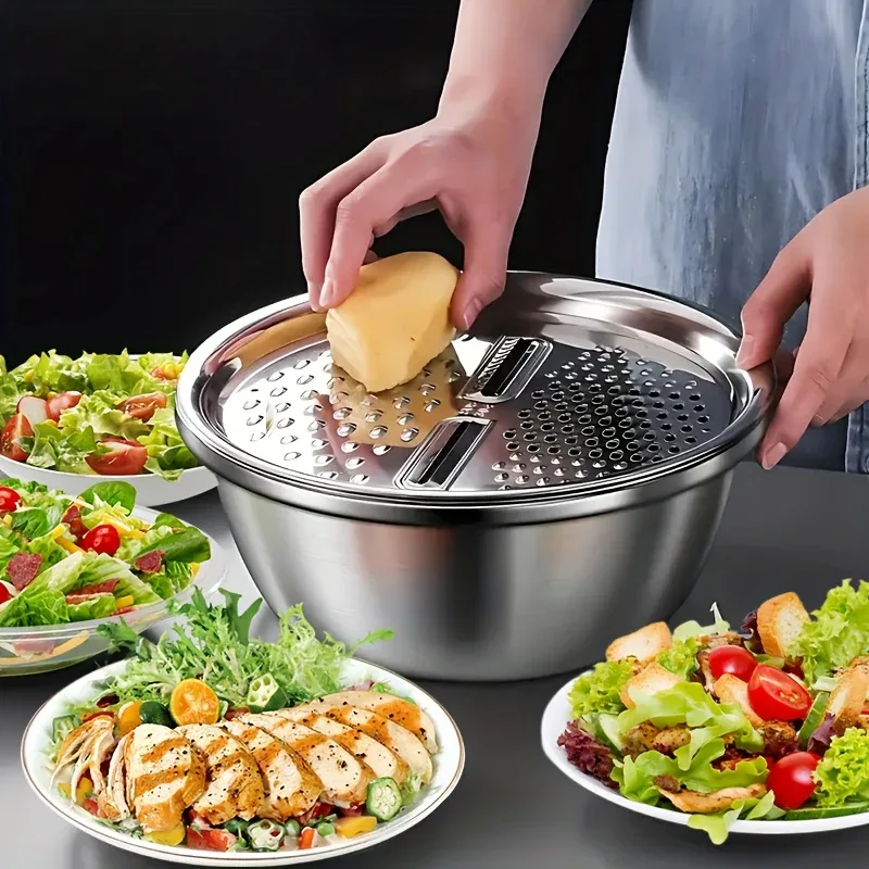Montero Milan 3pcs HEROBABY Stainless Steel Kitchen Prep Set with Integrated Grinder, Multifunctional Filter & Mixing Bowl - Heavy-Duty 201 Grade Dishwasher- Drainage System for Slicing, Chopping Fruits, Vegetables, Cheese (All-in-One - Image 10