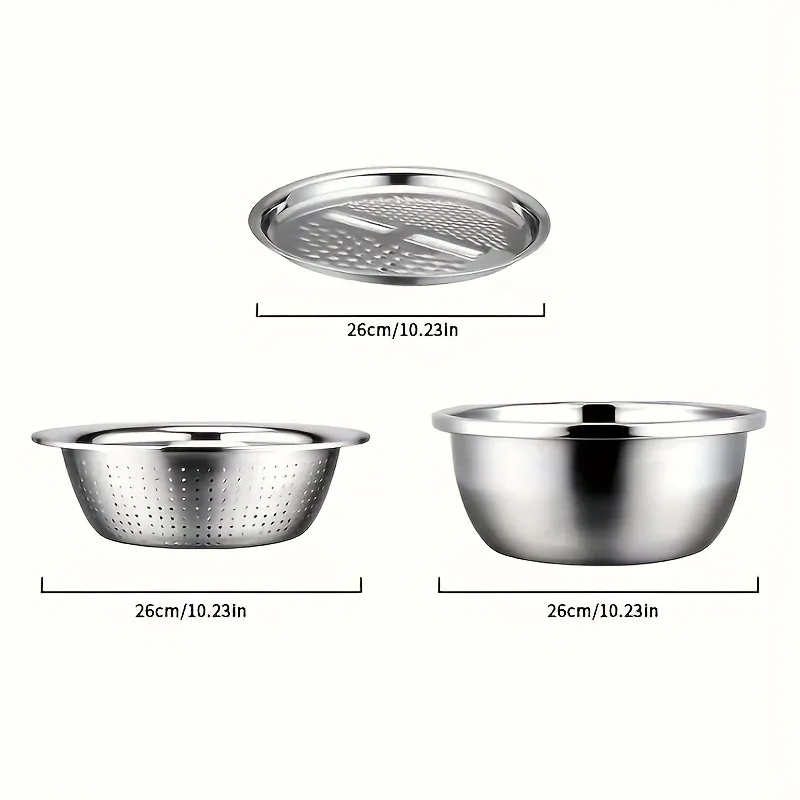 Montero Milan 3pcs HEROBABY Stainless Steel Kitchen Prep Set with Integrated Grinder, Multifunctional Filter & Mixing Bowl - Heavy-Duty 201 Grade Dishwasher- Drainage System for Slicing, Chopping Fruits, Vegetables, Cheese (All-in-One - Image 12
